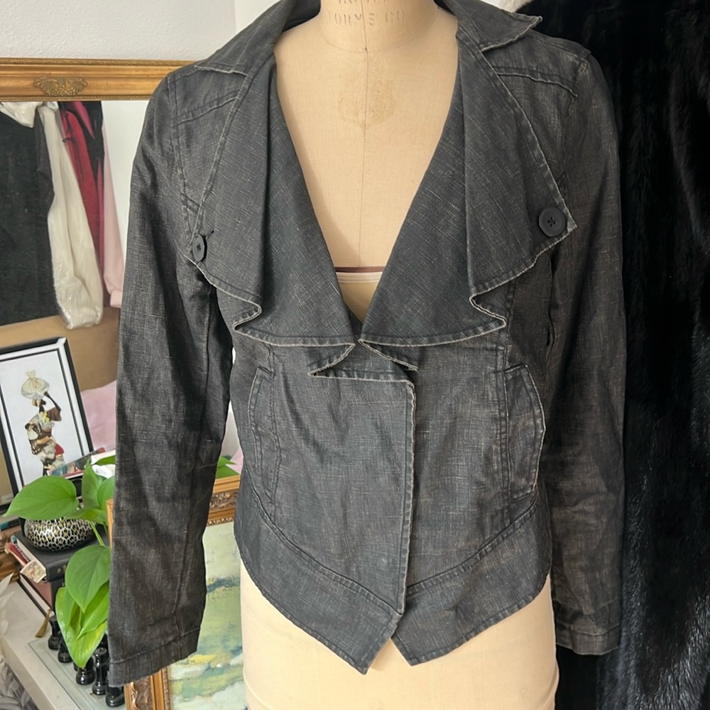 Cabi Black Ruffle Cropped Jean Jacket - Y2K with Pockets Size S